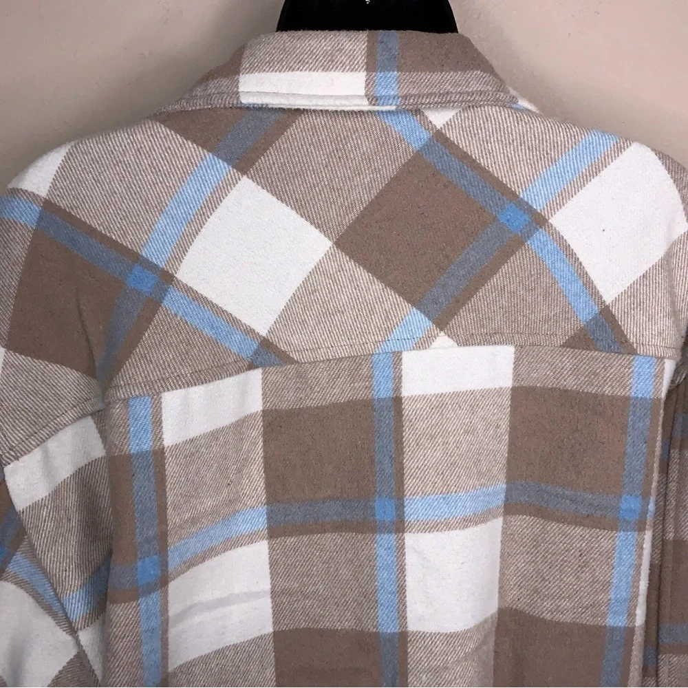 Medium HFX Flannel Shirt Jacket Snap Button Closure Beige Blue Plaid Wool Blend